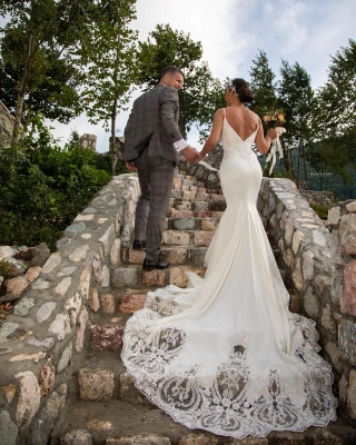 Sexy Spaghetti Straps White Mermaid Wedding Dress with Lace Appliques_5