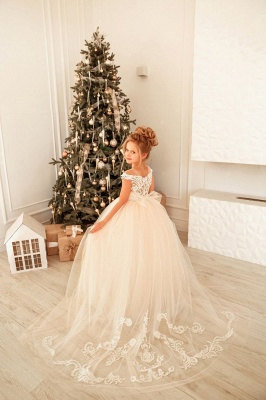 Lovely Cap Sleeves White Floral Tulle Flower Girl Dress Christmas /Birthday Party Dress for Little Girls_5