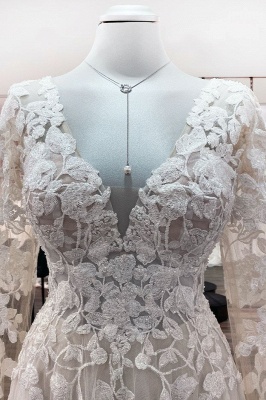 Romantic White Long Sleeves Wedding Dress Floral Lace Aline Bridal Dress_5