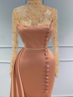 Élégante robe de bal sirène en satin à manches longues 3D Floral avec train pleureur latéral_2