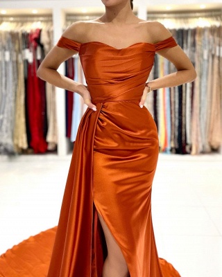Encantador vestido de noche de sirena naranja con hombros descubiertos_5