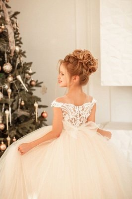 Vestido de niña de las flores de tul floral blanco con mangas casquillo encantador Vestido de fiesta de Navidad / cumpleaños para niñas pequeñas_6