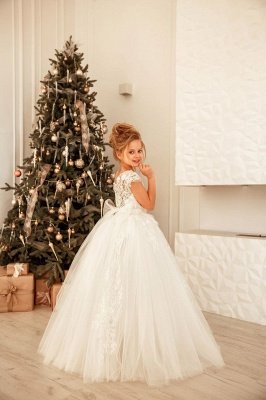 Vestido de niña de encaje con mangas casquillo Vestido de princesa blanco de fiesta de Navidad_2