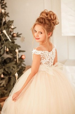 Lovely Cap Sleeves White Floral Tulle Flower Girl Dress Christmas /Birthday Party Dress for Little Girls_4