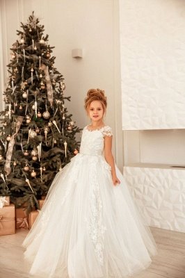 Robe de petite fille en dentelle avec mancherons pour fête de Noël Robe de princesse blanche_4
