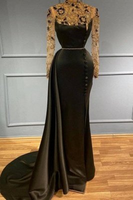 Vestido de fiesta de sirena de manga larga negro Cuentas de diamantes de imitación de oro brillante con tren de barrido Trumpt_1