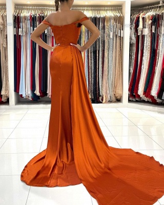 Encantador vestido de noche de sirena naranja con hombros descubiertos_2