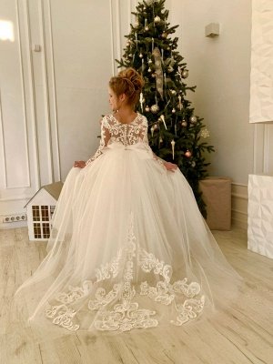 Lovely Long Sleeves Tulle Flower Girl Dress Aline Party Dress for Bride_6