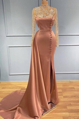 Élégante robe de bal sirène en satin à manches longues 3D Floral avec train pleureur latéral