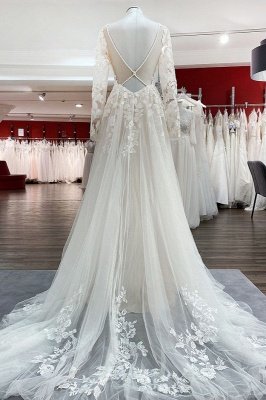 Romantic White Long Sleeves Wedding Dress Floral Lace Aline Bridal Dress_2