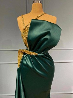 Charmantes dunkelgrünes Satin Meerjungfrau Brautkleid mit goldener Verzierung_2