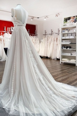 Robe de mariée à col en V profond Robe longue en dentelle florale en tulle blanc pour la mariée_4