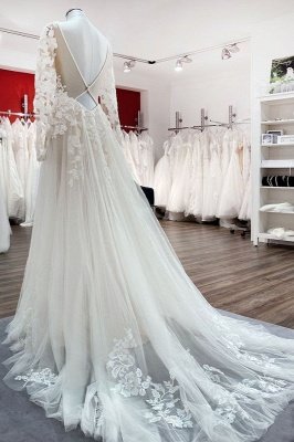 Romántico blanco manga larga vestido de novia encaje floral Aline vestido de novia_4