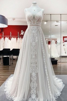 Vestido de novia con escote en V profundo Vestido largo hasta el suelo con encaje floral de tul blanco para novia_1