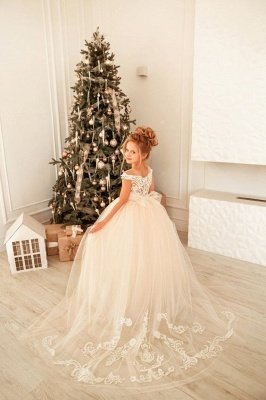 Lovely Cap Sleeves White Floral Tulle Flower Girl Dress Christmas /Birthday Party Dress for Little Girls_2