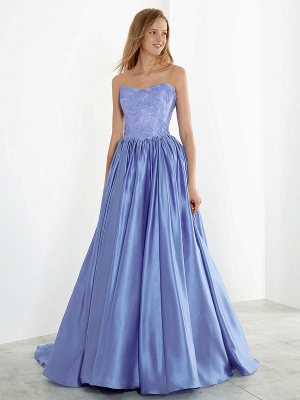 Blue Wedding Dress With Train Strapless Sleeveless Natural Waist Floor Length Lace Stain Fabric A Line Bridal Gowns_1