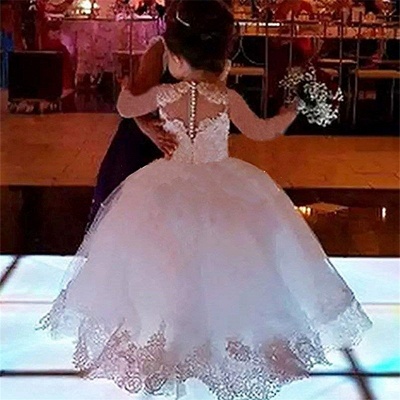 Weißes Tüll Spitzenapplikationen Blumenmädchenkleid mit langen Ärmeln Perlenstickereien Kleid für Mädchen_2