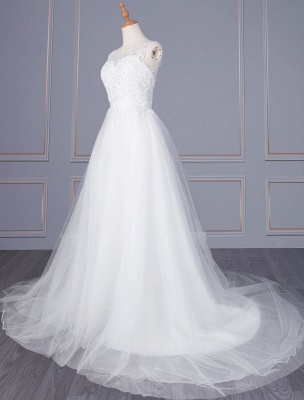 Weißes einfaches Hochzeitskleid Spitze V-Ausschnitt ärmellos natürliche Taille Spitze Tüll A-Linie Brautkleider_2