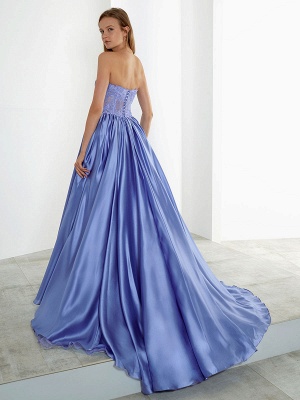 Robe de mariée bleue avec train bustier sans manches taille naturelle longueur au sol dentelle tache tissu une ligne robes de mariée_2