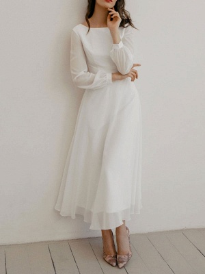 White A-Line Simple Wedding Dress Jewel Neck Long Sleeves Ankle-Length Zipper Chiffon Bridal Gowns_6