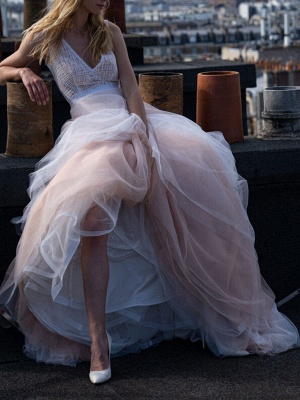 Pink Simple Wedding Dress Tulle V-Neck Sleeveless A-Line Bridal Dresses_3
