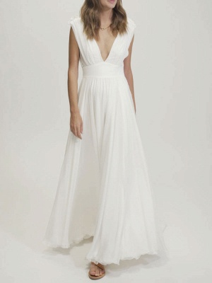 Ivory Simple Wedding Dress Chiffon V-Neck Sleeveless Backless Long A-Line Bridal Dresses_1