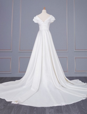 Robe de mariée simple ivoire tissu satiné col en V manches courtes dos nu une ligne robes de mariée longues_4