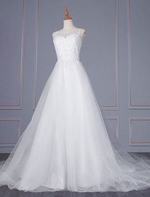 Weißes einfaches Hochzeitskleid Spitze V-Ausschnitt ärmellos natürliche Taille Spitze Tüll A-Linie Brautkleider_1