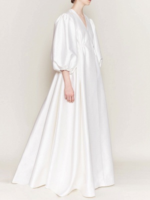 Ivory Simple Wedding Dress A-Line V-Neck 3/4 Sleeves Natural Waist Long Bridal Gowns_2