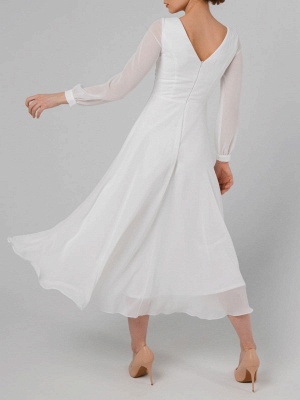 White A-Line Simple Wedding Dress Jewel Neck Long Sleeves Ankle-Length Zipper Chiffon Bridal Gowns_3