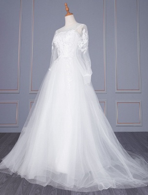 Weißes einfaches Hochzeitskleid Jewel Neck Long Sleeves Lace Tüll Lange A-Linie Brautkleider_2