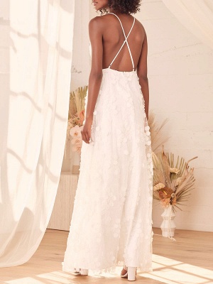 White V Neck Sleeveless Engagement Dress Backless Natural Waist Floor Length A Line Lace Dress_3