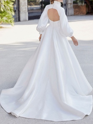 Ivory Intage Bridal Dress With Train V Neck Puffy Long Sleeves Backless Satin Wedding Dress_2