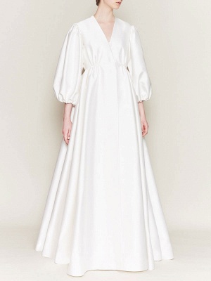 Robe de mariée simple ivoire A-ligne col en V manches 3/4 taille naturelle longues robes de mariée_1