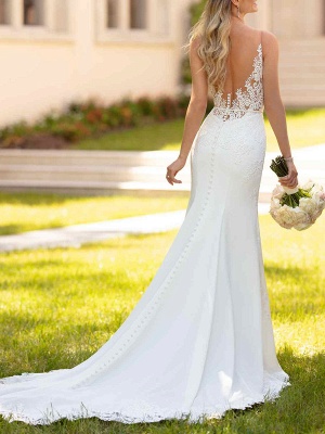 Weißes einfaches Hochzeitskleid Meerjungfrau V-Ausschnitt ärmelloses rückenfreies natürliches Taillen-Spitze-Brautkleid_7