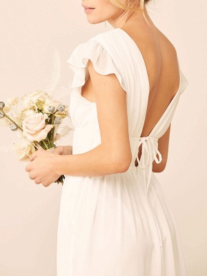 V Neck Short Sleeves White Bridal Dress  Backless Floor Length Polyester Engagement Dress_4