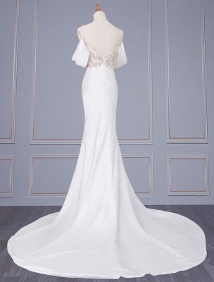 Robe de mariée blanche col en V manches courtes dos nu taille naturelle dentelle avec train longue robe de mariée sirène_2