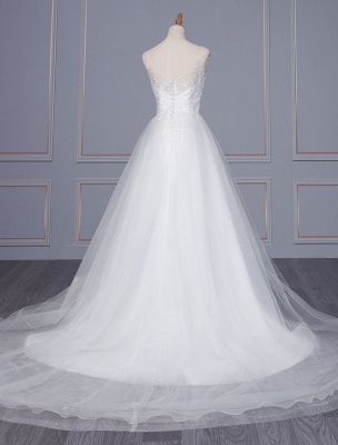 Weißes einfaches Hochzeitskleid Spitze V-Ausschnitt ärmellos natürliche Taille Spitze Tüll A-Linie Brautkleider_3