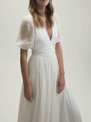 Ivory Simple Wedding Dress Chiffon V Neck Short Sleeves A Line Chiffon Bridal Dresses_3