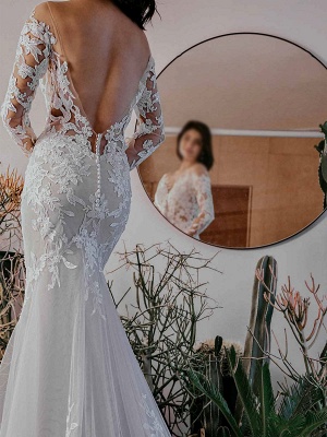 Eric White Wedding Dress Illusion Neckline Long Sleeves Backless Natural Waist Lace With Train Long Bridal Mermaid Dress_5