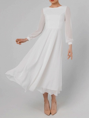 Robe de mariée blanche A-ligne simple col bijou manches longues cheville longueur fermeture éclair en mousseline de soie robes de mariée_4