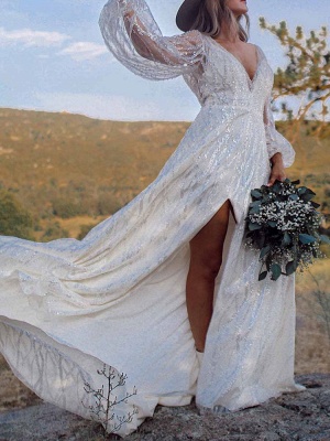 Robe de mariée simple blanche A-ligne col en V manches longues dos nu fendu devant dentelle robes de mariée_3