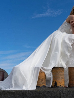 Vestido de novia blanco simple para mujer Vestidos de novia de tul de encaje sin espalda con cuello en V sin mangas de una línea_2