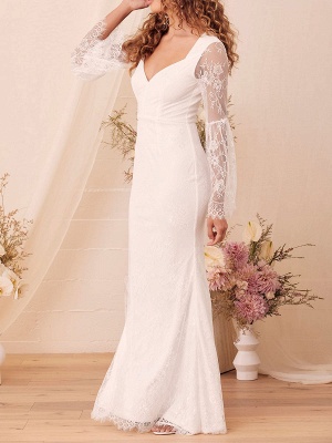 V-Ausschnitt mit langen Ärmeln Hochzeitskleid A-Linien-Spitze-Verlobungskleid mit rückenfreier Bodenlänge_2
