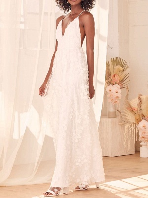 White V Neck Sleeveless Engagement Dress Backless Natural Waist Floor Length A Line Lace Dress_2