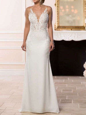 Weißes einfaches Hochzeitskleid Meerjungfrau V-Ausschnitt ärmelloses rückenfreies natürliches Taillen-Spitze-Brautkleid_1
