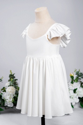 Weißes Rüschenärmel Blumenmädchenkleid Plissee A-Linie Kleines Mädchenkleid für Hochzeitsfeier_8