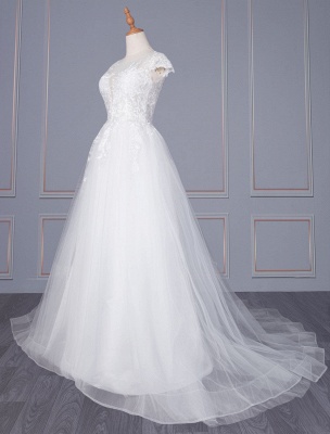 Ivory A-line Wedding Dresses With Train Short Sleeves Lace Tulle V-Neck Long Bridal Gowns_2