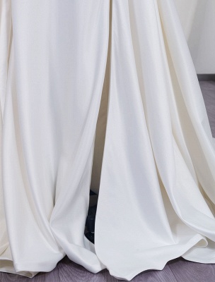 Robe de mariée simple ivoire tissu satiné col en V manches courtes dos nu une ligne robes de mariée longues_6