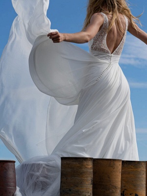 Vestido de novia blanco simple para mujer Vestidos de novia de tul de encaje sin espalda con cuello en V sin mangas de una línea_3